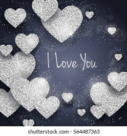 Vector Happy Valentine's Day greeting card with sparkling glitter silver textured hearts. Seasonal holidays background. Love Symbol background.