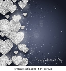 Vector Happy Valentine's Day greeting card with sparkling glitter silver textured hearts. Seasonal holidays background. Love Symbol background.