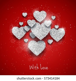 Vector Happy Valentine's Day greeting card with sparkling glitter silver textured heart on red background. Seasonal holidays background with love symbol