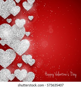 Vector Happy Valentine's Day greeting card with sparkling glitter silver textured heart on red background. Seasonal holidays background with love symbol