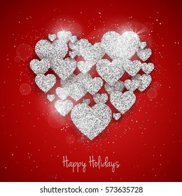 Vector Happy Valentine's Day greeting card with sparkling glitter silver textured heart on red background. Seasonal holidays background with love symbol