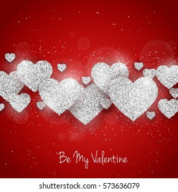 Vector Happy Valentine's Day greeting card with sparkling glitter silver textured heart on red background. Seasonal holidays background with love symbol