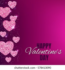 Vector Happy Valentine's Day greeting card with sparkling glitter textured hearts. Seasonal holidays background with love symbol.