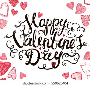 Vector Happy Valentine's Day hand drawn lettering with swirls and decor elements. Use as card, print, poster, etc
