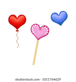 Vector Vector happy valentines day heart symbols icon set. Red air balloon, candy lollipop heart shape. Romantic invitation card template love symbol. Isolated holiday illustration white background