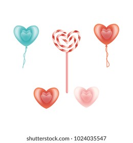 Vector happy valentines day heart icon set. Red, blue air balloon, candy lollipop heart shape. Romantic invitation card template love symbol. Isolated holiday illustration white background