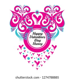 Vector Happy Valentines Day  Honey, With a Pink Butterfly and Heart