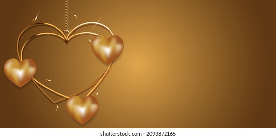 Vector. Happy Valentine's Day horizontal background, elegant background for February 14th. Banner with place for text. Golden heart and golden balloons 3d in the shape of a heart. Wedding.
