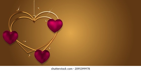 Vector. Happy Valentine's Day horizontal background, elegant background for February 14th. Banner with place for text. Golden heart and purple balloons 3d in the shape of a heart. Wedding.