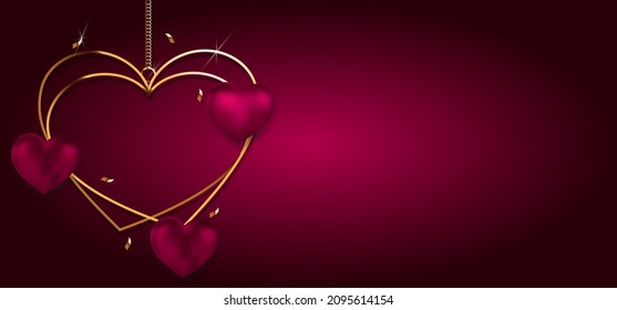Vector. Feliz Día de San Valentín trasfondo horizontal, elegante trasfondo para el 14 de febrero. Cartel con lugar para el texto. El corazón dorado y los globos 3d en forma de corazón. Ilustración de bodas.