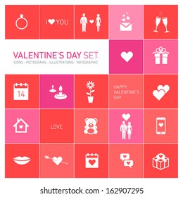 vector happy valentines day icons and pictograms set,  hearts, bear, people