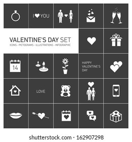 vector happy valentines day icons and pictograms set white on black background,  hearts, bear, people