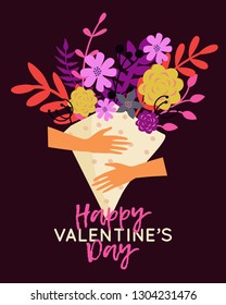 Vector Happy Valentine's Day illustration with hands holding bouquet of flowers. Trendy greeting card, poster, flyer.