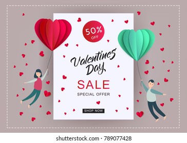 Vector happy valentines day illustration, invitation card, sale poster, party banner template - man and girl couple flying at paper origami hearts - air balloons. Isolated illustration