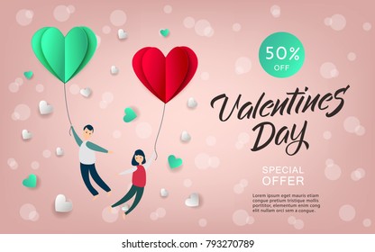 Vector happy valentines day illustration, invitation card, sale poster, party banner template - man and girl couple flying at paper origami hearts - air balloons at pink background.