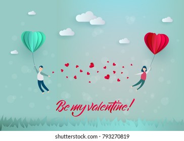 Vector happy valentines day illustration, invitation card, sale poster, party banner template - man and girl couple flying at paper origami hearts - air balloons in blue cloud sky.