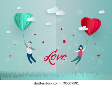 Vector happy valentines day illustration, invitation card, sale poster, party banner template - man and girl couple flying at paper origami hearts - air balloons at green background.