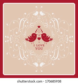 Vector Happy Valentine's Day invitation card with floral ornament label. I Love You. Perfect as invitation or announcement.