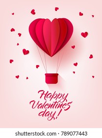 Vector happy valentines day invitation card template with origami paper hot air balloon in heart shape, near small hearts around. Isolated holiday illustration on pink background.