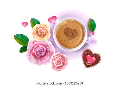 Vector happy Valentines Day love flat lay card with pink roses, flowers, coffee cup,heart-shaped chocolate cake. Romantic holiday surprise breakfast layout with hot latte. Coffee cup isolated on white
