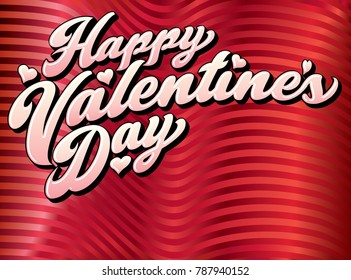 A vector Happy Valentine's Day message in bold script on a striped satiny fabric background