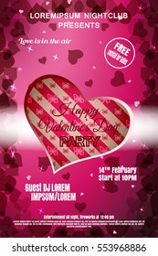 Vector Happy Valentine's Day night party poster on the gradient pink background with cutout heart, heart silhouettes and stars.