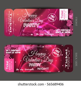 Vector Happy Valentine's Day night party ticket on the red and pink gradient background with hearts, stars and waves.
