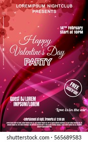 Vector Happy Valentine's Day night party poster on the gradient red and pink background with heart silhouettes, waves and stars.