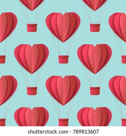 Vector happy valentines day origami paper red hearts seamless pattern. Invitation card layout template design. Isolated holiday illustration on blue background.