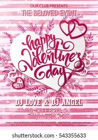 Vector happy valentines day party poster with lettering, paper heart shape, hearts on watercolor stripped background.