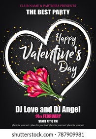 Vector happy valentines day party poster with lettering,pink realistic flowers and heart frame.