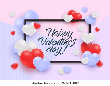 Cartel de Vector feliz día de San Valentín con corazones en marco negro, letras escritas a mano. Tarjeta romántica de la invitación del día de fiesta, fondo del Anuncio de la venta, oferta especial, Plantilla de la promoción de la liquidación de la tienda.