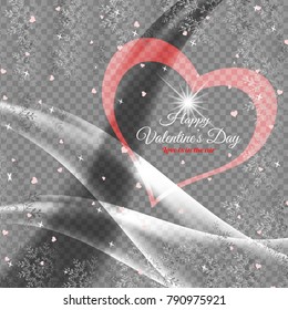 Vector Happy Valentine's Day poster with transparent background, glow, red heart silhouette, waves, snowflakes.