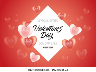 Vector happy valentines day sale poster, banner template with abstract heart icons, love symbols red frame decoration. Romantic holiday advertising design backdrop illustration isolated background.