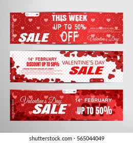 Vector Happy Valentine's Day sale banners on the red and white background with abstract pattern from hearts and dots.
