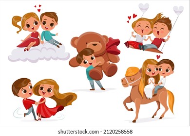 Vector happy valentines day teen couple cartoon set. Romantic girl and boy spinning in dance, sitting at cloud, swinging, riding a horse together, boy with bear toy gift. Happy characters in love