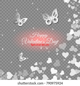 Vector Happy Valentine's Day with transparent background, red glow in center, cutout butterflies and white hearts.