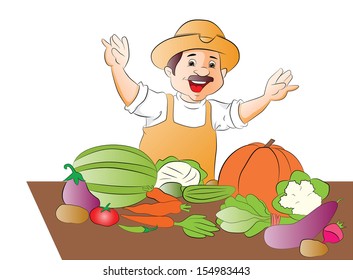 Vector of happy vegetable seller waving.