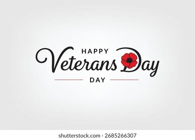 Vector Happy Veterans Day Text with Red Poppy Flower Illustration