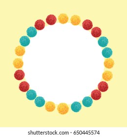 Vector Happy Vibrant Birthday Party Pom Poms Circle Set and Round Frame On Yellow Background. Great for handmade cards, invitations, wallpaper, packaging, nursery designs. Home decor elements.