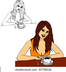 vector - happy woman drinking coffee, isolated on background