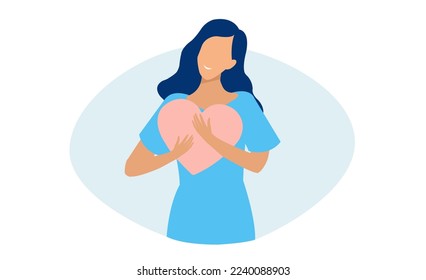 Vector of a happy woman with hands on a heart. Self love, harmony and peace concept. 