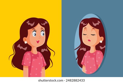 
Vector Happy Woman Looks in the Mirror Seeing Herself Sad. Lady suffering mood changes during adulthood 
