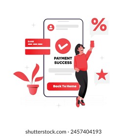 Vector of happy woman paying with credit card with phone on her back