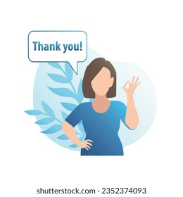Vector, happy woman says thank you, thanks, admires. Grateful, respectful girl showing positive hand gesture class, ok. Feedback, good feedback, appreciation, enthusiastic opinion, comment.