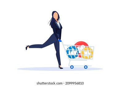 Vector of a happy woman with a shopping cart full of positive social media feedback 