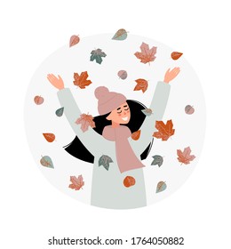 Vector happy woman throwing leaves and smiling. Autumn illustration