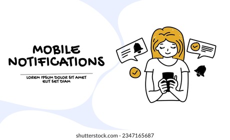vector of a happy woman using mobile phone with app notifications turned on