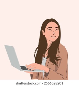 vector of a Happy Woman working on a laptop, smiling contentedly. Perfect for illustrating the concepts of remote work, online shopping, freelancing, social media and technology.