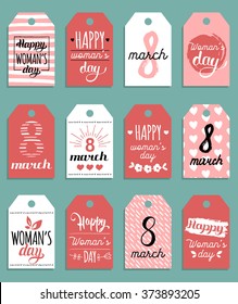 Vector Happy Woman's day cards templates. Hand drawn 8th of March gift tags. 12 romantic labels or posters. Vintage love background.